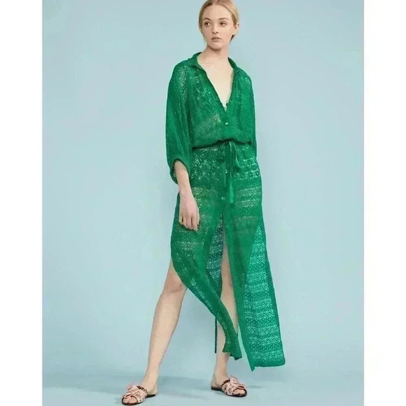 Beach Coverup Medium Lace Drawstring Kaftan Maxi Shirt Dress Swim $295 NWT Green - Picture 2 of 10